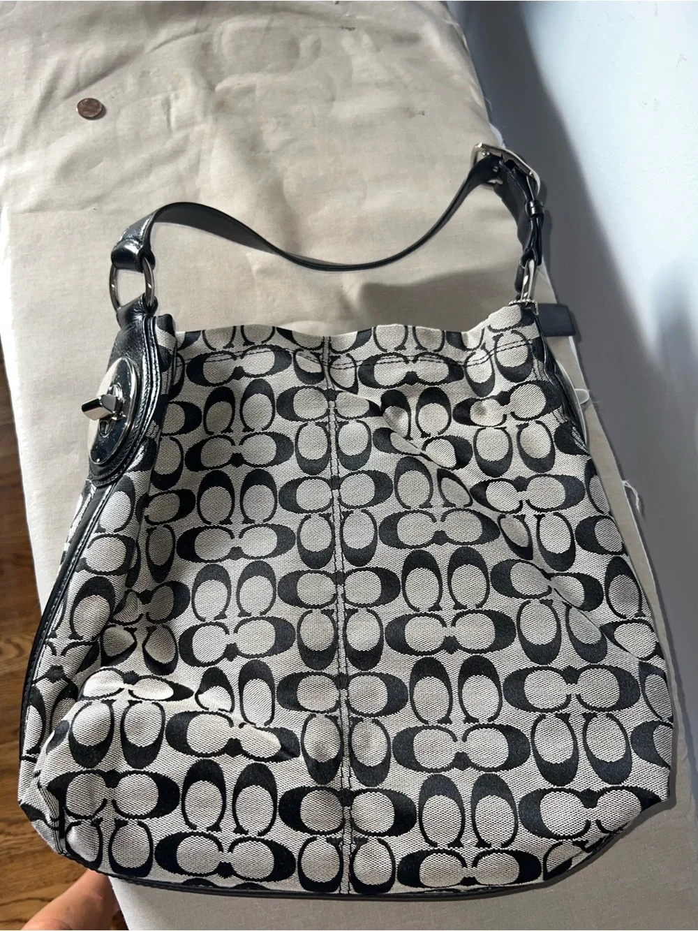 Coach Black and Cream Signature Shoulder Hobo